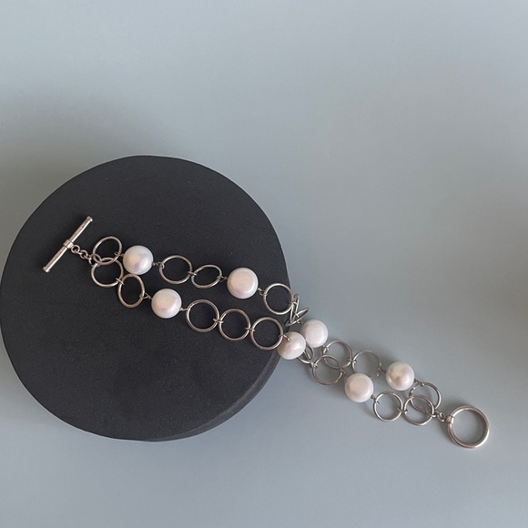 Vintage 925 Sterling Silver Double-Strand Bracelet Freshwater Pearl Toggle Clasp - Picture 4 of 5